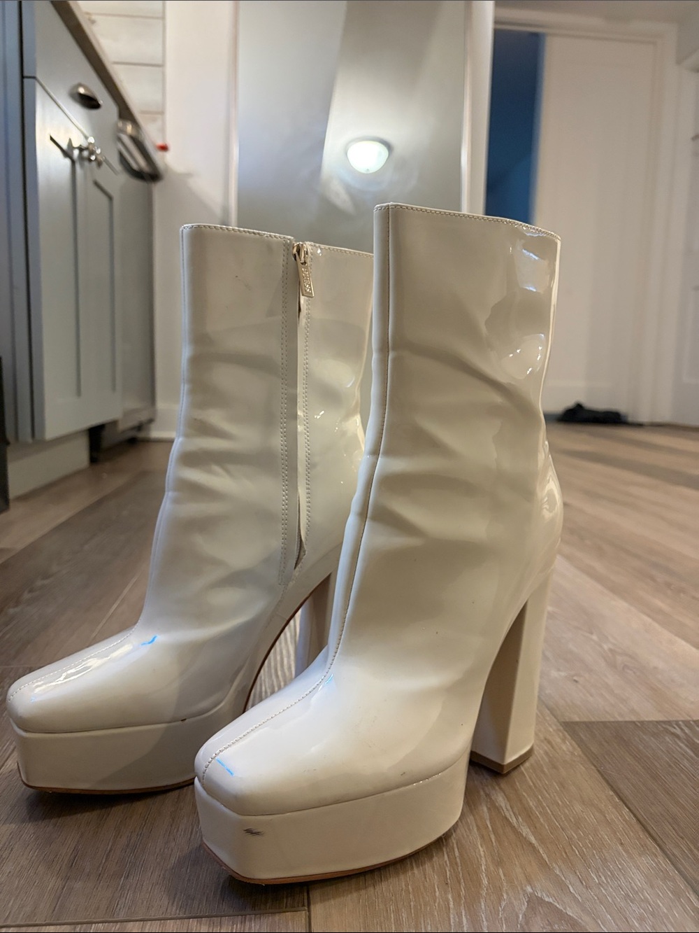 Guess White Patent Platform Ankle Boots
